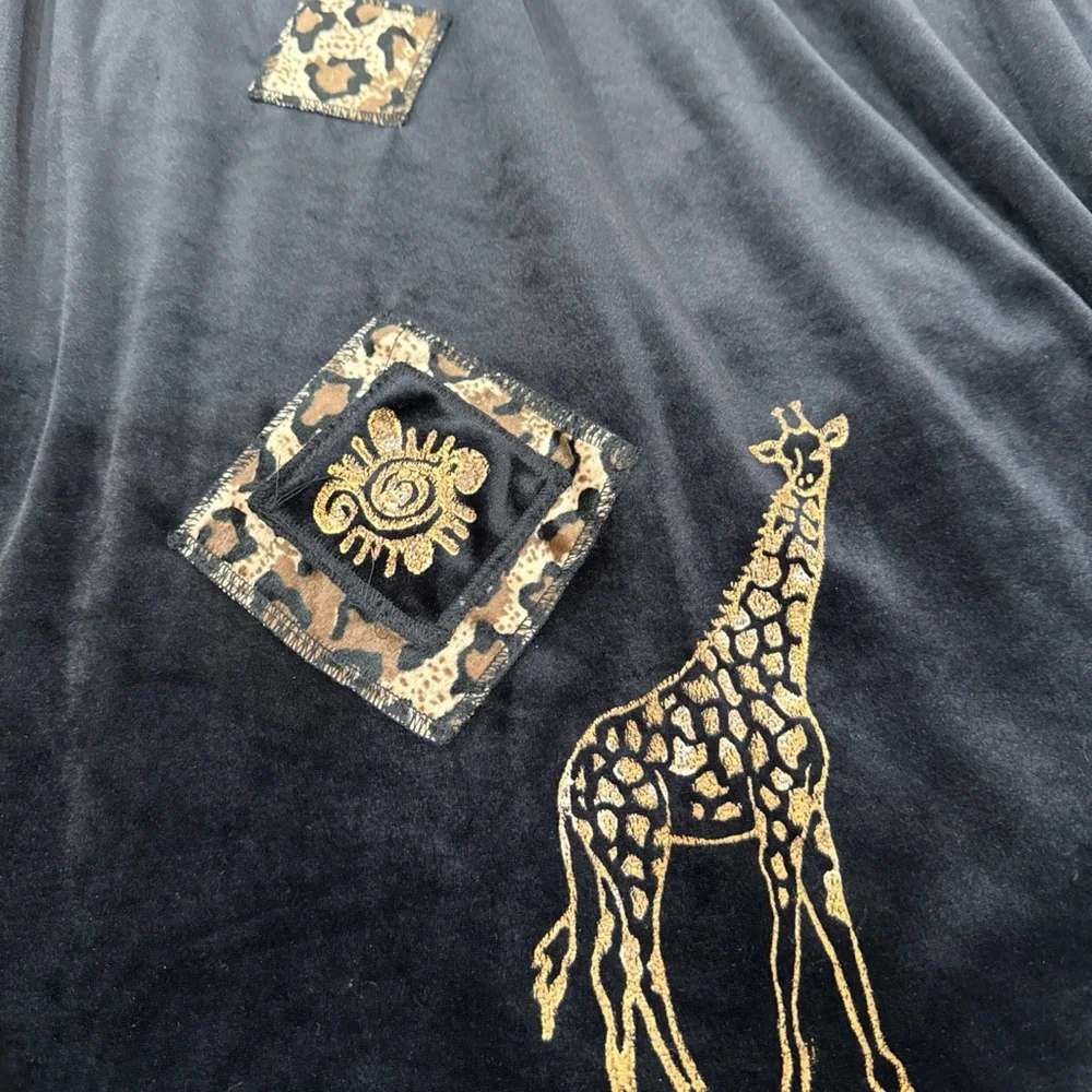 Vintage Black Velvet Medium Maxi Dress Animal Print Leopard Giraffe USA Made Y2K